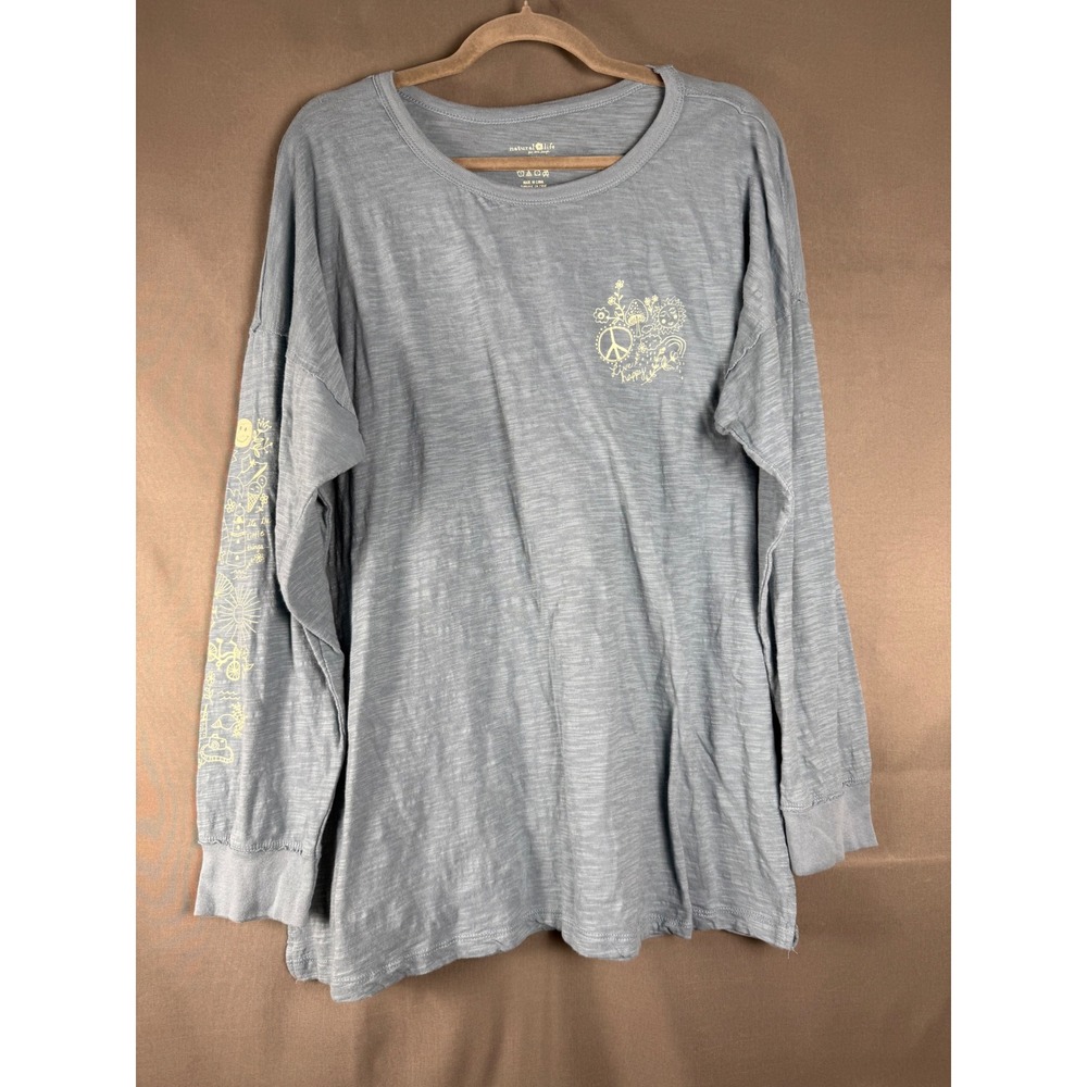 Natural Life Graphic Tee Womens Large Blue Long Sleeve Live Happy Peace Cotton